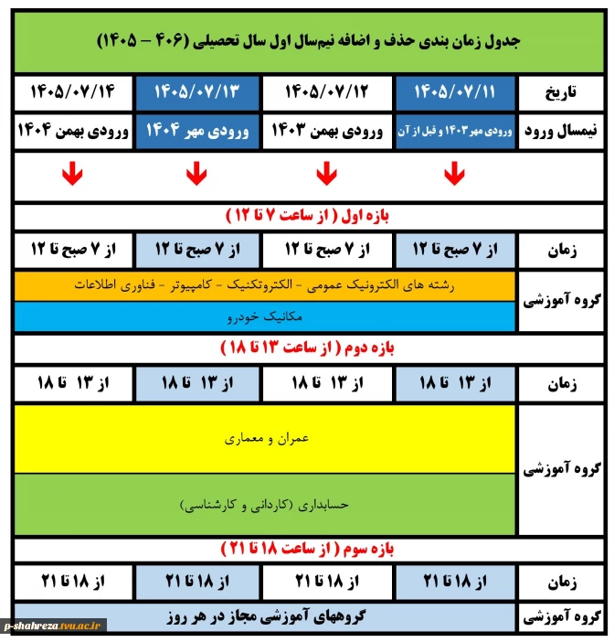 برنامه زمان بندی حذف و اضافه مهر 1405