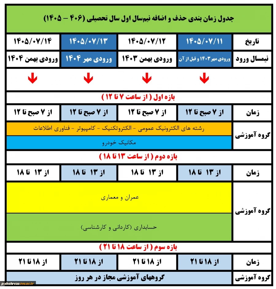 برنامه زمان بندی حذف و اضافه مهر 1405 2